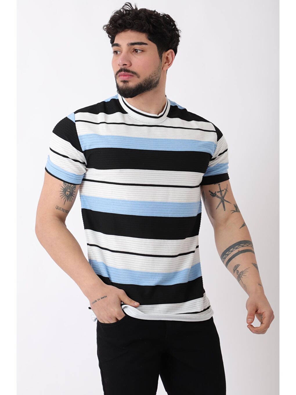 Mavi Çizgili Bisiklet Yaka Tişört JS-1_30461-2