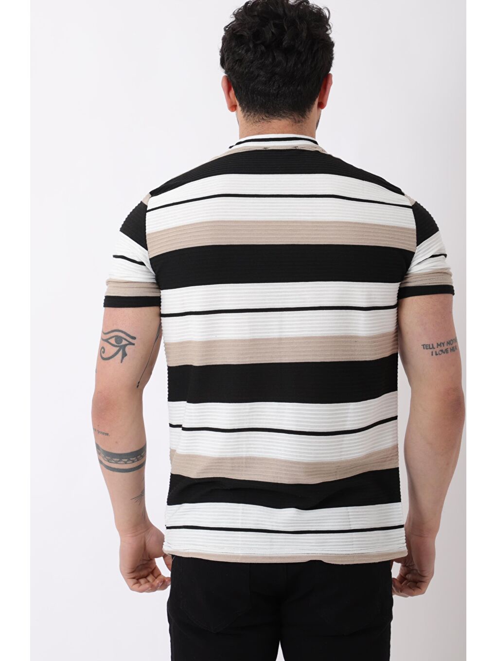 Bej Çizgili Bisiklet Yaka Tişört JS-1_30461-3