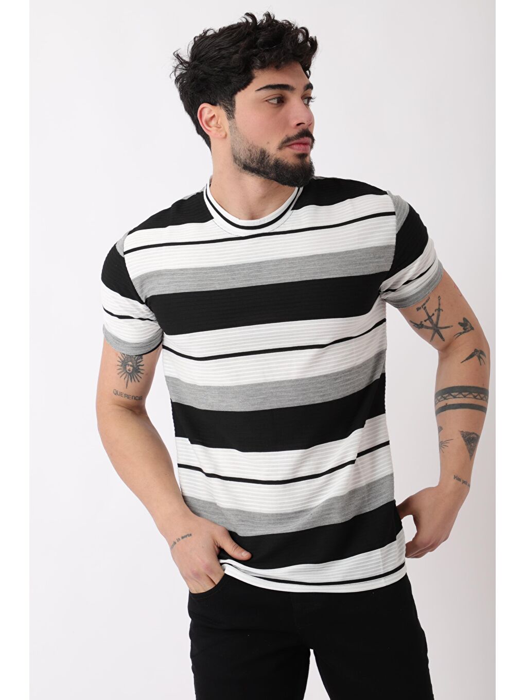 Gri Çizgili Bisiklet Yaka Tişört JS-1_30461