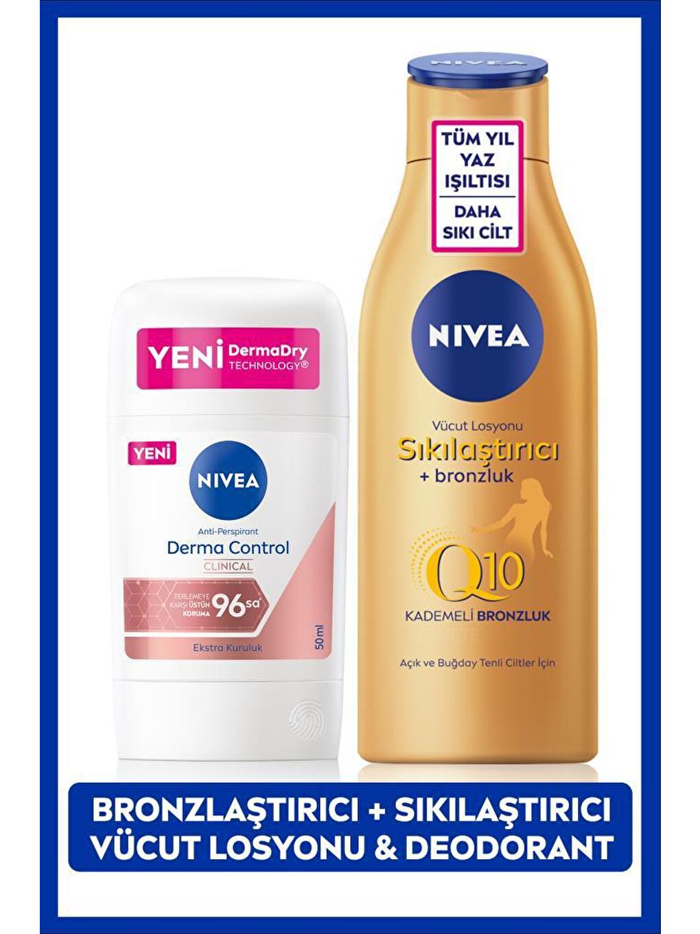 NIVEA Şeffaf Q10 Sıkılaştırıcı Bronzluk Vücut Losyonu 200ml ve Kadın Stick Deodorant Derma Control Clinical 50ml