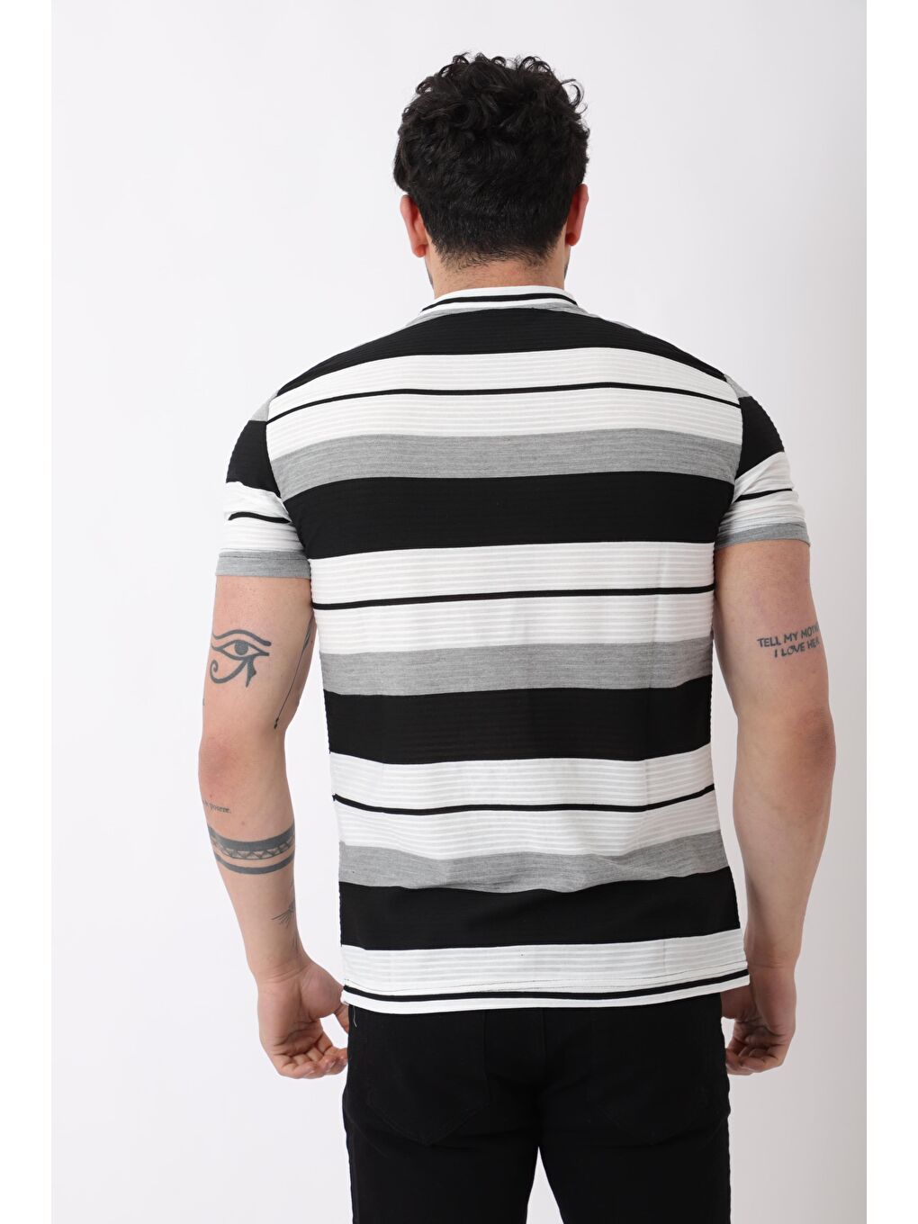 Gri Çizgili Bisiklet Yaka Tişört JS-1_30461-3