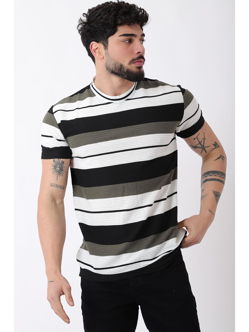 Haki Çizgili Bisiklet Yaka Tişört JS-1_30461