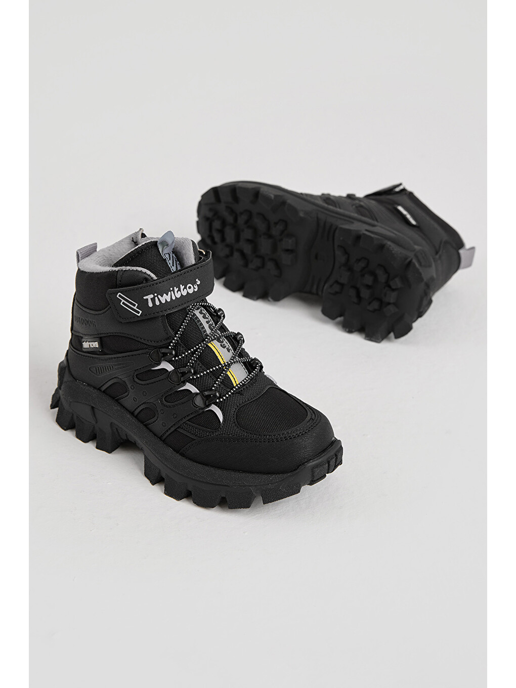 Çocuk Unisex Siyah Gri Kalın Kauçuk Taban Lastik Bağcıklı Cırtlı Outdoor Trekking Bot