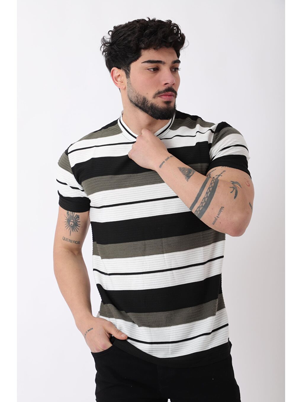 Haki Çizgili Bisiklet Yaka Tişört JS-1_30461-2