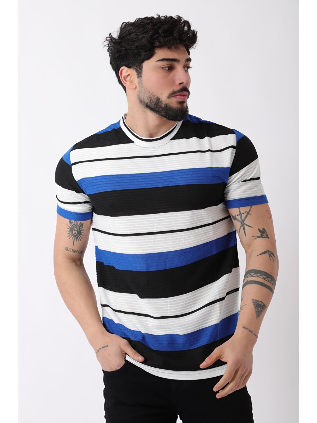 Mavi Çizgili Bisiklet Yaka Tişört JS-1_30461