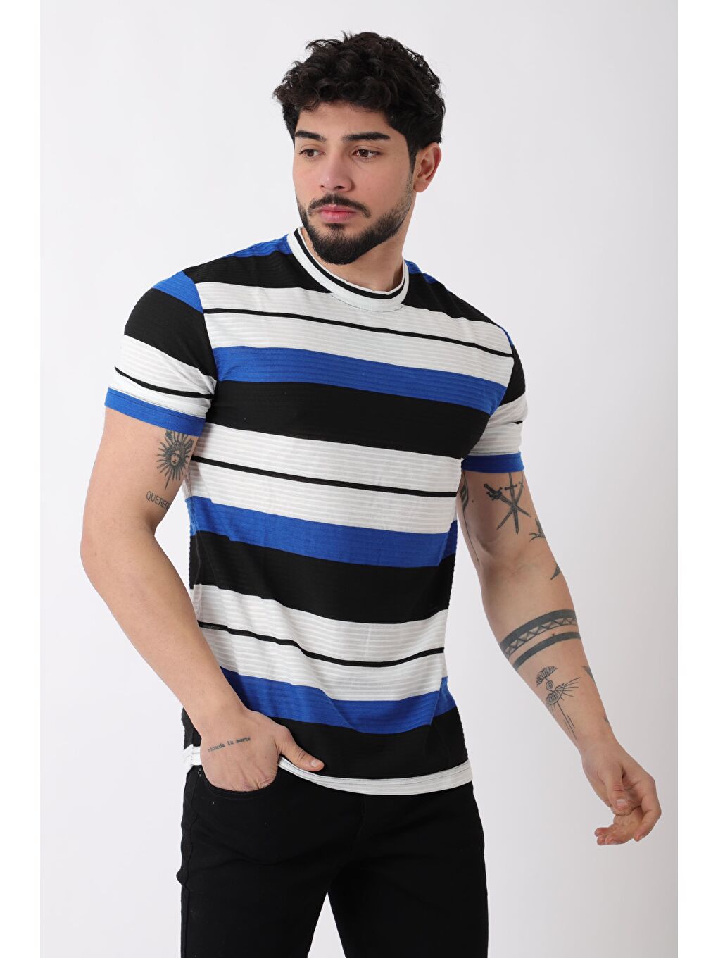 Mavi Çizgili Bisiklet Yaka Tişört JS-1_30461-1