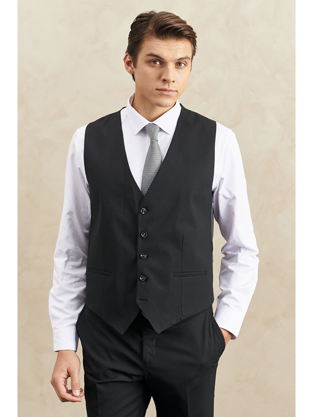 Erkek Siyah Su Geçirmez Slim Fit Dar Kesim Mono Yaka Yünlü Yelekli Nano Takım Elbise-3