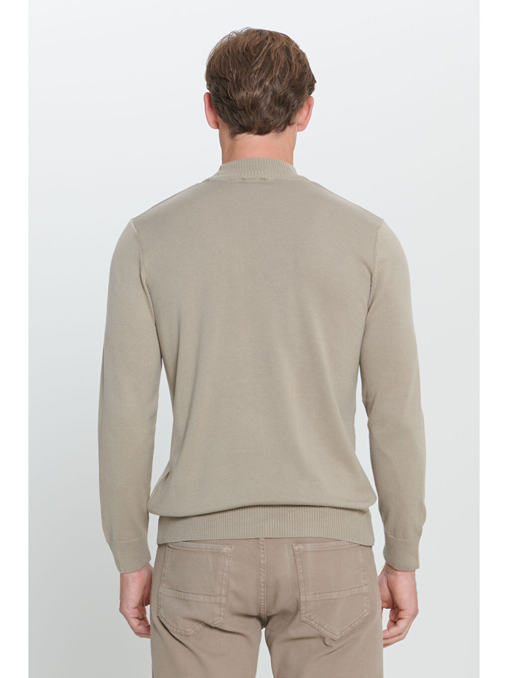 Bej Erkek Vizon Standart Fit Normal Kesim Yarım Balıkçı Yaka Pamuklu Triko Kazak-5