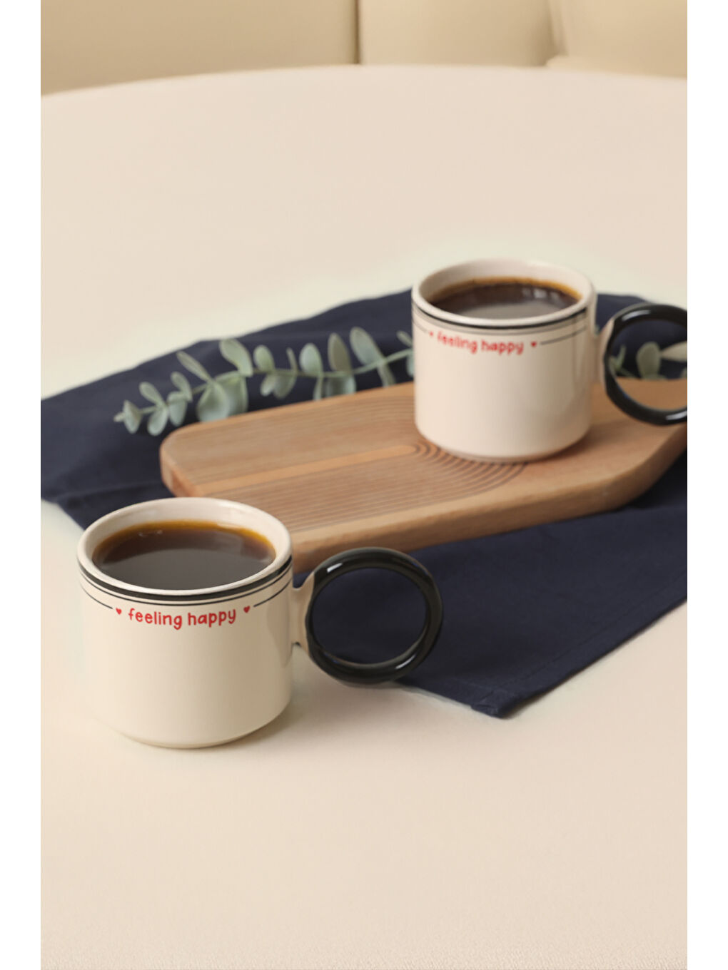 Karışık Feeling Happy Siyah Stackable Halka Kulplu Fincan 8 Cm 2 Adet