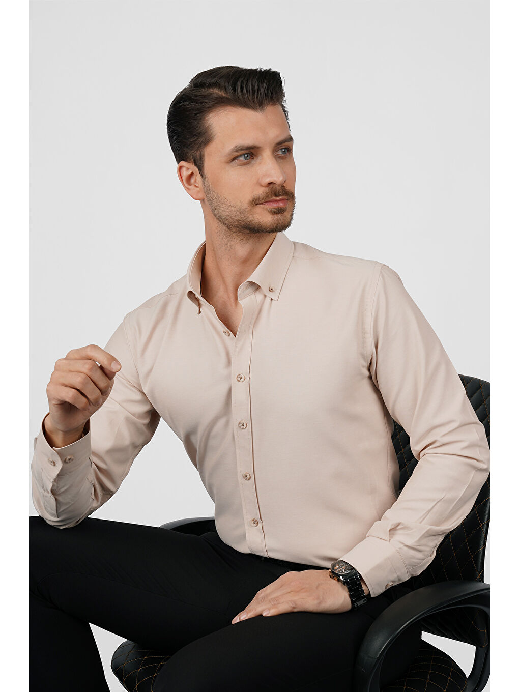 Bej Yaka Düğmeli Premium Şamre Slimfit Erkek Gömlek-1