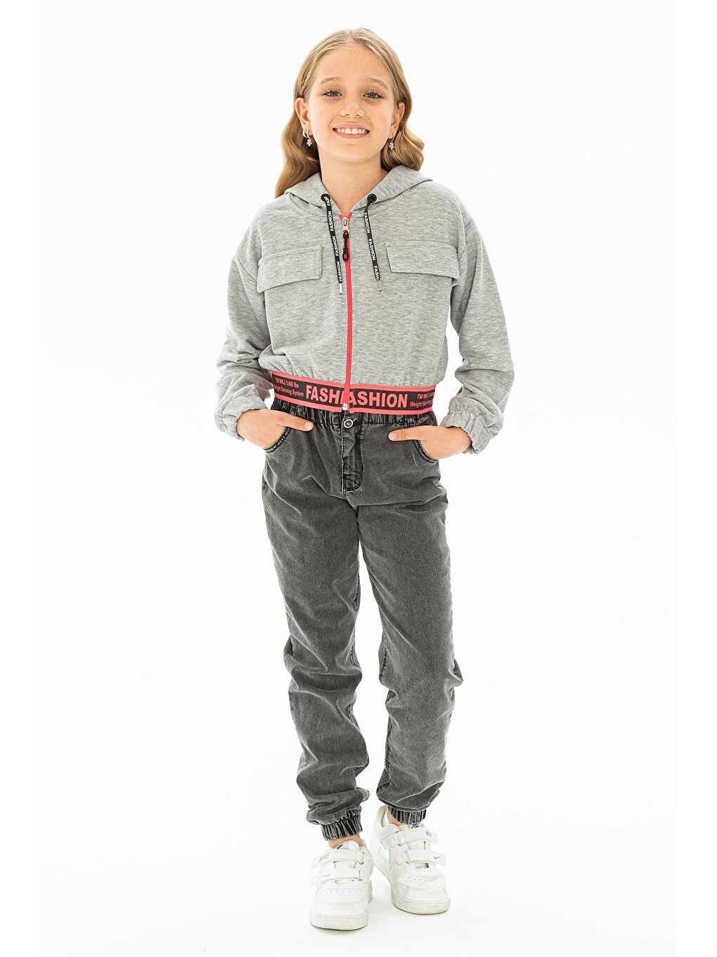 Kapüşonlu Uzun Kol Gri Renk Kız Çocuk Hırka