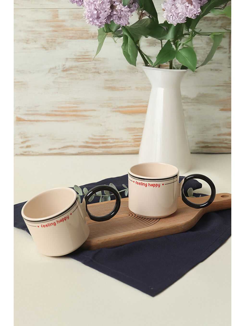 Karışık Feeling Happy Siyah Stackable Halka Kulplu Fincan 8 Cm 2 Adet-1