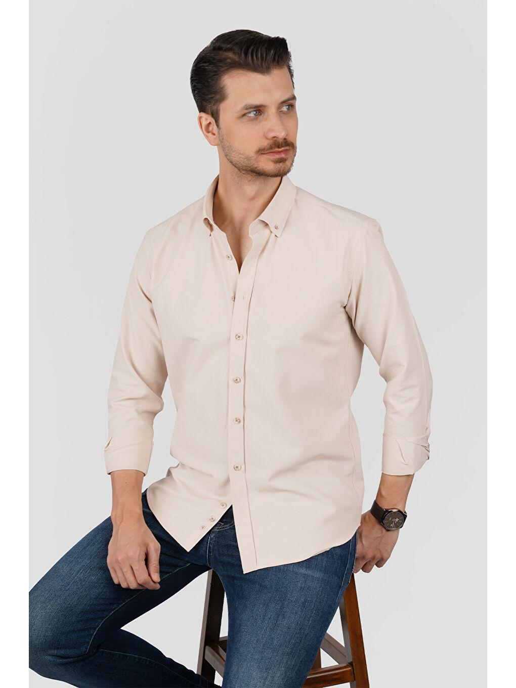 Bej Yaka Düğmeli Premium Şamre Slimfit Erkek Gömlek-4