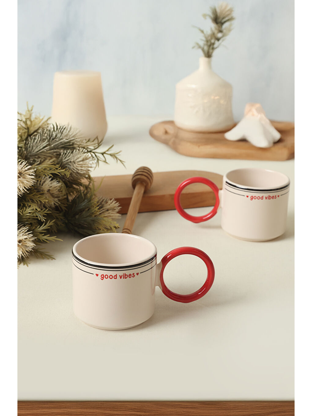 Karışık Good Vibes Kırmızı Stackable Halka Kulplu Fincan 8 Cm 2 Adet