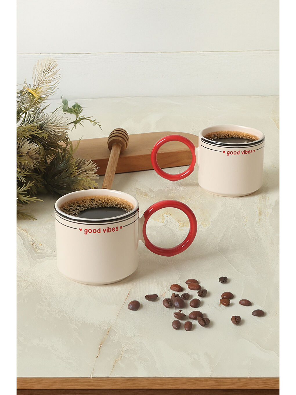 Karışık Good Vibes Kırmızı Stackable Halka Kulplu Fincan 8 Cm 2 Adet-1