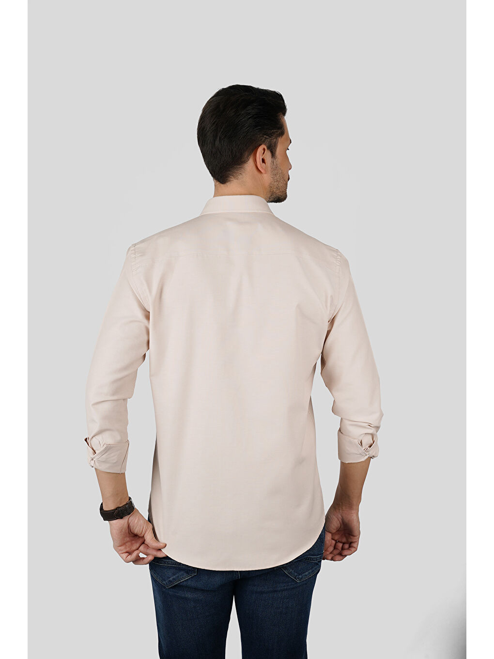 Bej Yaka Düğmeli Premium Şamre Slimfit Erkek Gömlek-5
