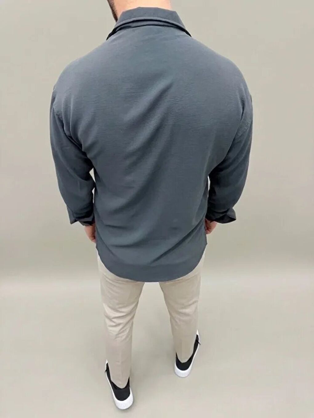 Gri Erkek Aerobin Kumaş Oversize 4 Mevsim Uzun Kollu Rahat Kalıp Gömlek - Füme-2