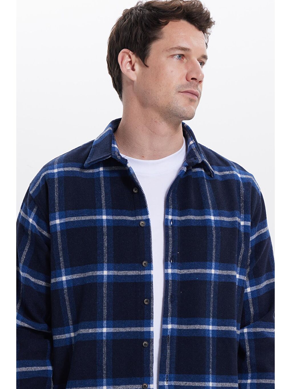 Lacivert Erkek Relax Fit Rahat Kesim Kışlık Kareli Oduncu Gömlek