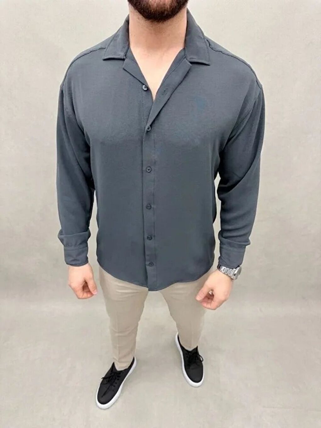 Gri Erkek Aerobin Kumaş Oversize 4 Mevsim Uzun Kollu Rahat Kalıp Gömlek - Füme-3