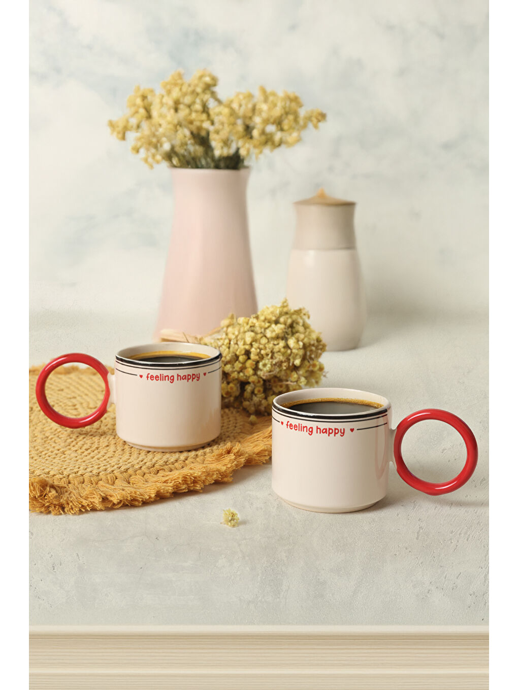 Karışık Feeling Happy Kırmızı Stackable Halka Kulplu Fincan 8 Cm 2 Adet