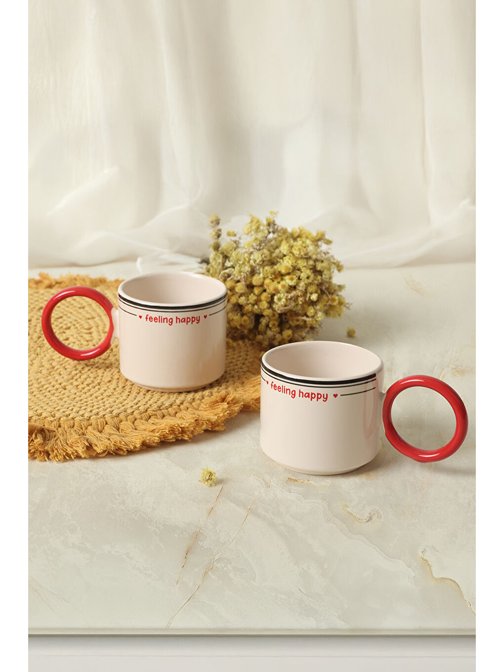 Karışık Feeling Happy Kırmızı Stackable Halka Kulplu Fincan 8 Cm 2 Adet-1