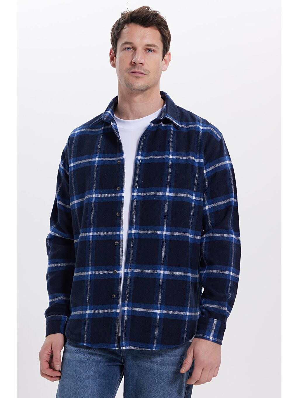 Lacivert Erkek Relax Fit Rahat Kesim Kışlık Kareli Oduncu Gömlek-1