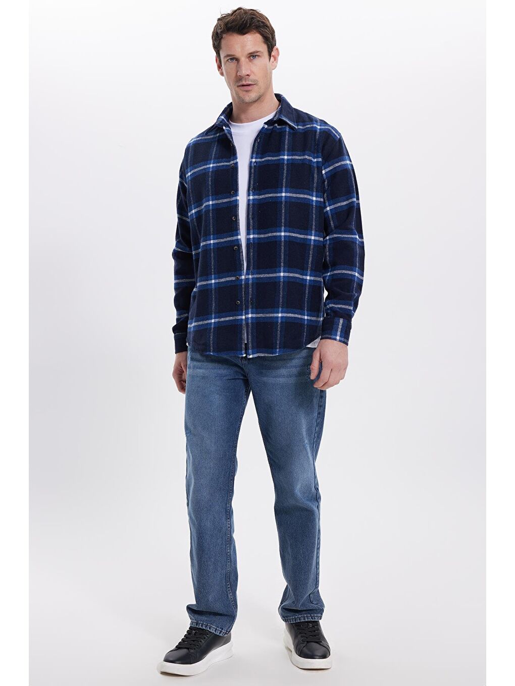 Lacivert Erkek Relax Fit Rahat Kesim Kışlık Kareli Oduncu Gömlek-2