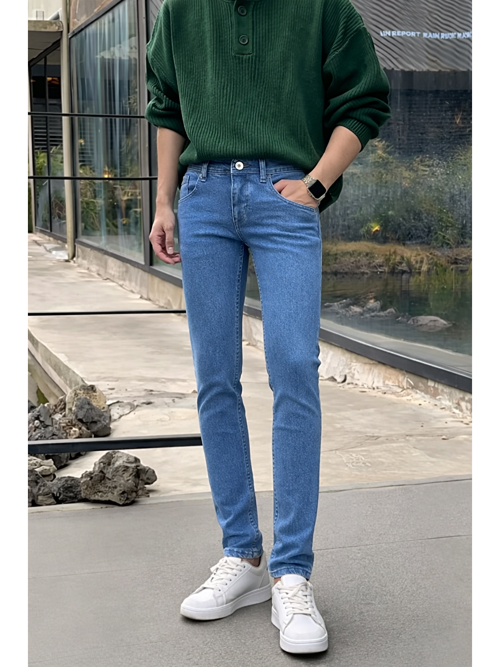 Erkek Yüksek Bel Dar Premium Mavi Jean Pantolon