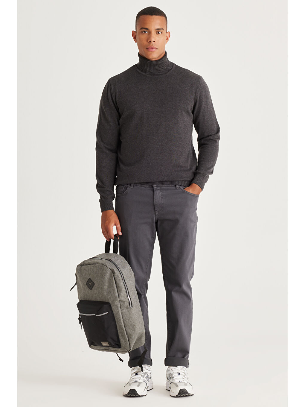 Erkek Antrasit-Melanj Standart Fit Normal Kesim Tam Balıkçı Yaka Pamuklu Triko Kazak-1