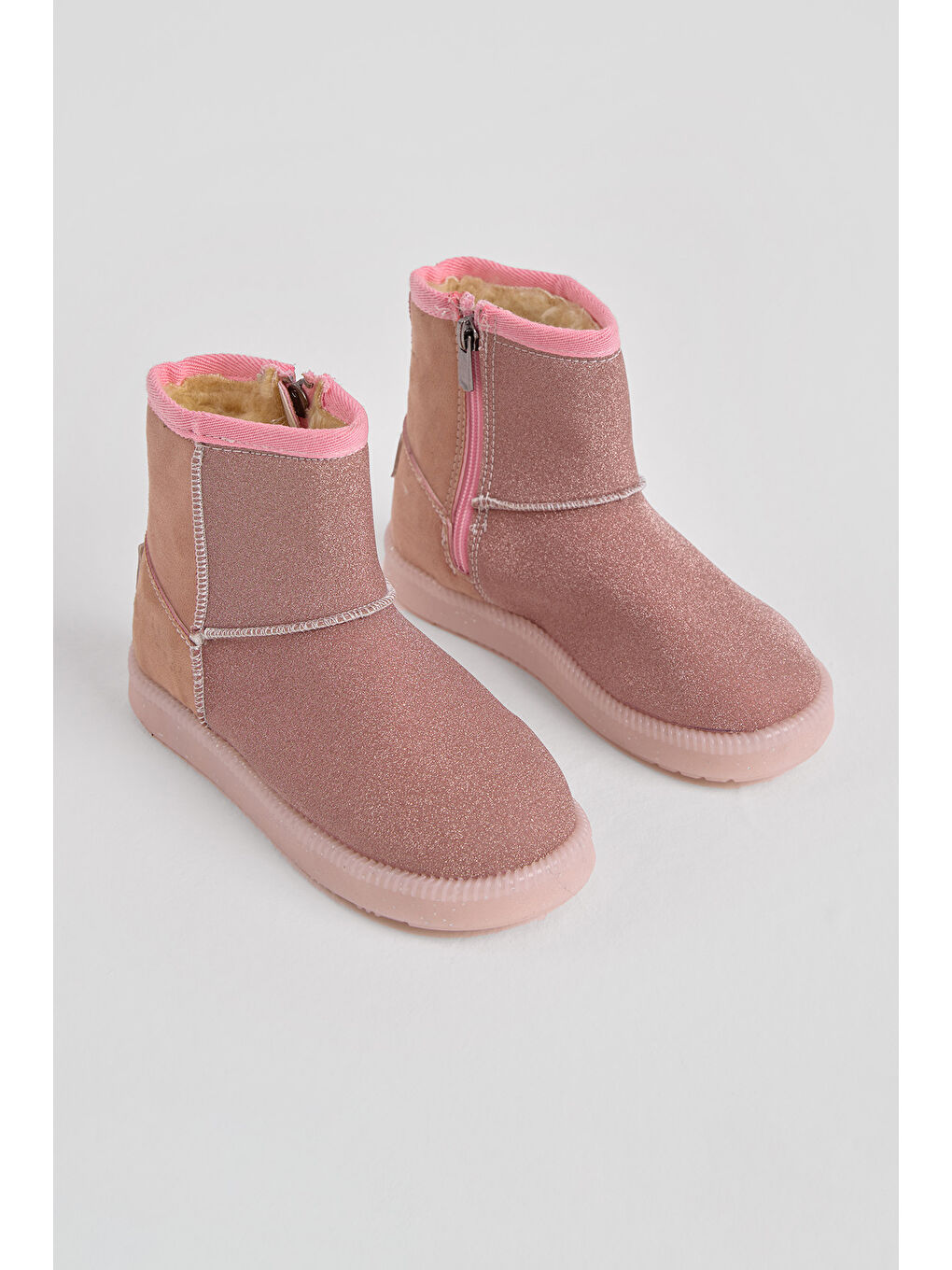 Pembe Kız Çocuk Pudra Simli Termo Taban Süet Görünümlü İçi Kürklü Kısa Bot-2