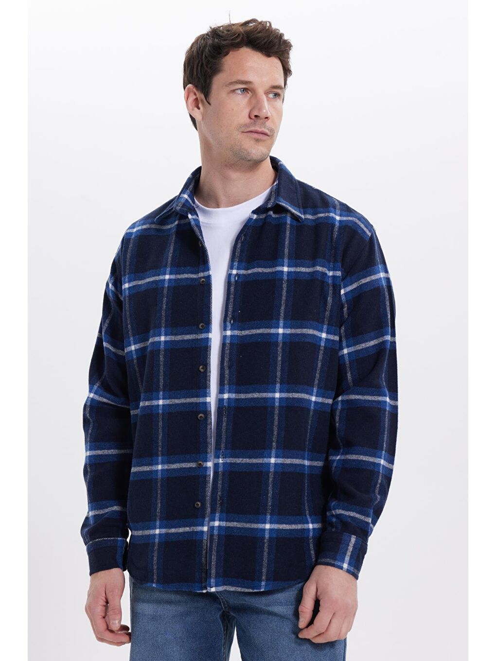 Lacivert Erkek Relax Fit Rahat Kesim Kışlık Kareli Oduncu Gömlek-6