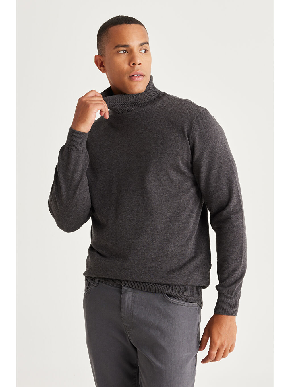 Erkek Antrasit-Melanj Standart Fit Normal Kesim Tam Balıkçı Yaka Pamuklu Triko Kazak-2