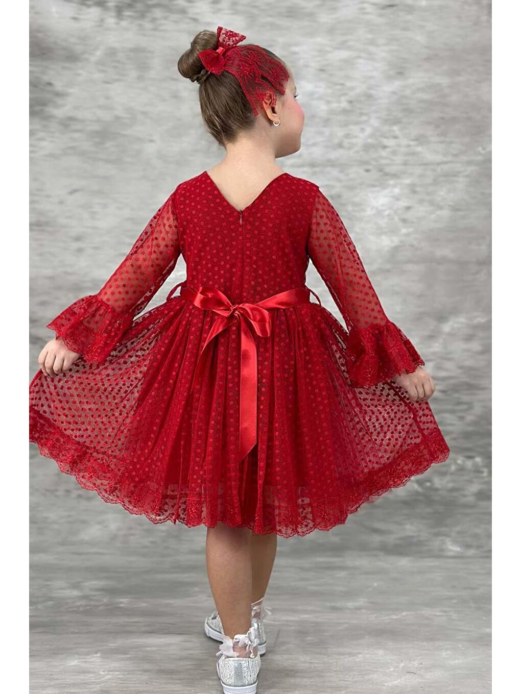 Kız Çocuk Üzeri Puantiye Detaylı Kolları Şeffaf Tüllü Prenses Kırmızı Elbise-2