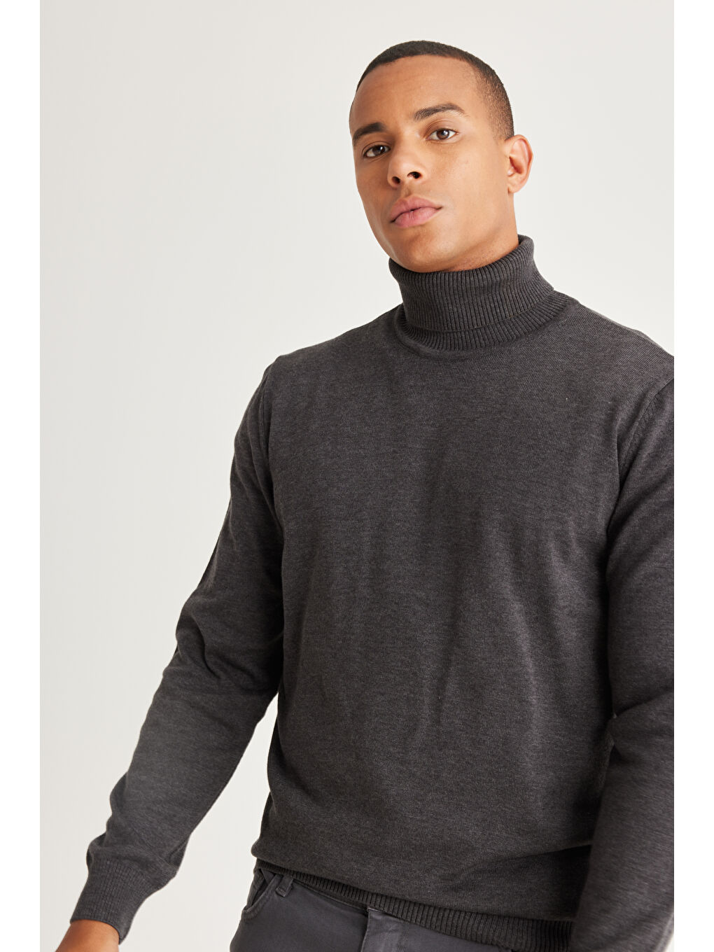 Erkek Antrasit-Melanj Standart Fit Normal Kesim Tam Balıkçı Yaka Pamuklu Triko Kazak-3