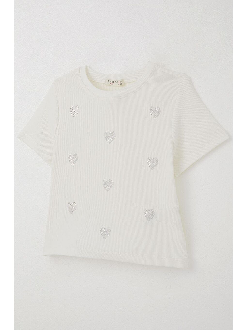 Kız Çocuk Tişört Taşlı Kalp Desenli Ekru (9-14 Yaş)-2