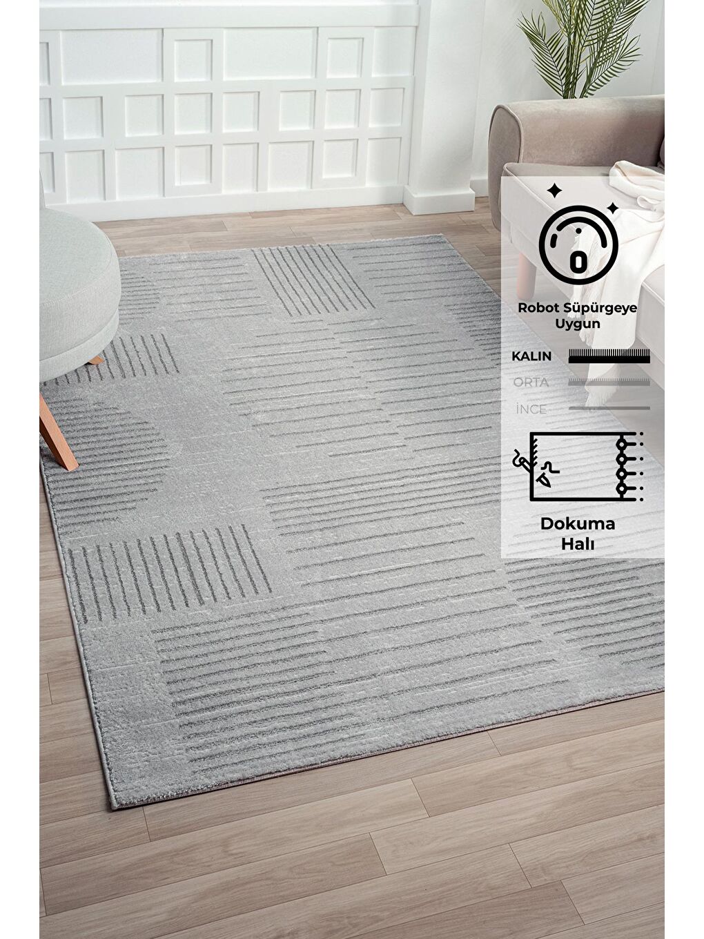 Gri Claude 1635 Modern Dokuma Halı Yumuşak İplikli-100x300