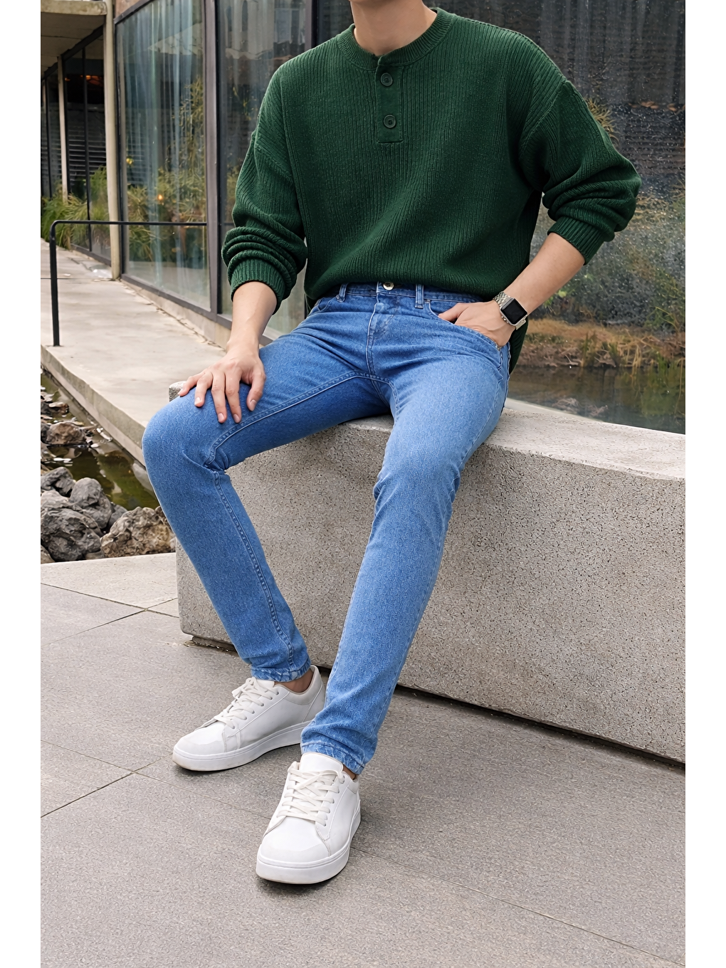 Erkek Yüksek Bel Dar Premium Mavi Jean Pantolon-3