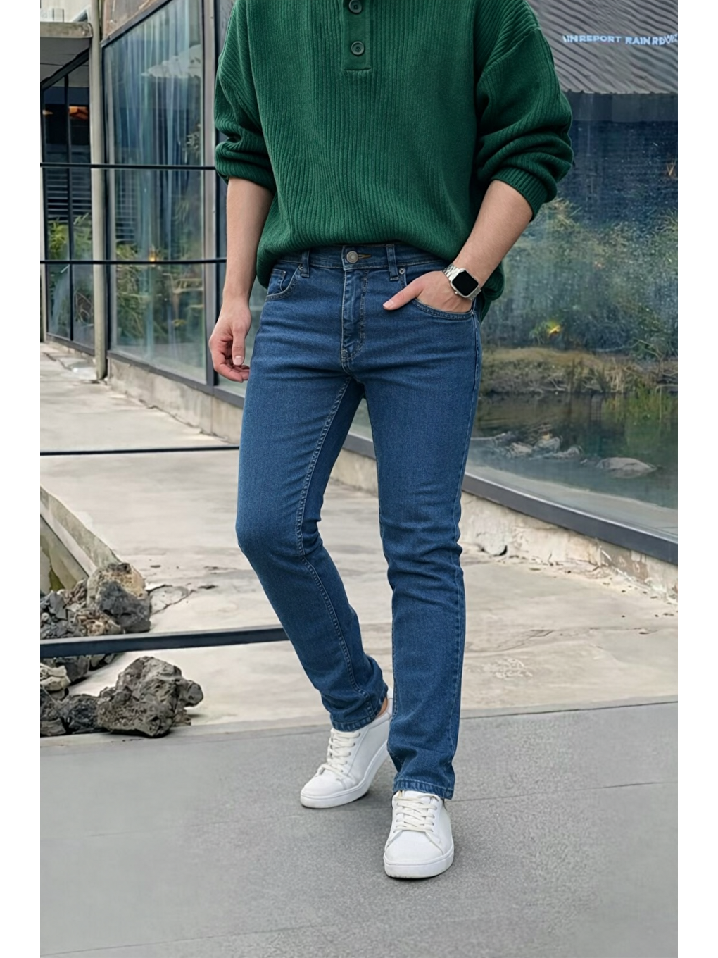 Erkek Yüksek Bel Dar Premium Lacivert Jean Pantolon