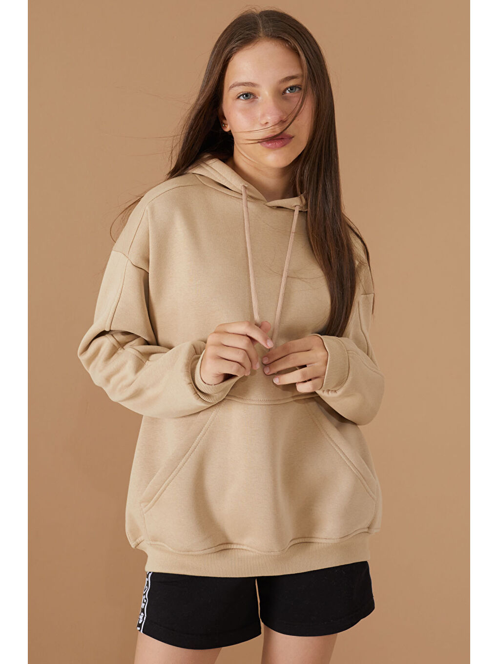 Cansın Mini Bej Kız Çocuk Bej Basic Uzun Kol Şardonlu Kapüşonlu Sweatshirt 19192 - 2