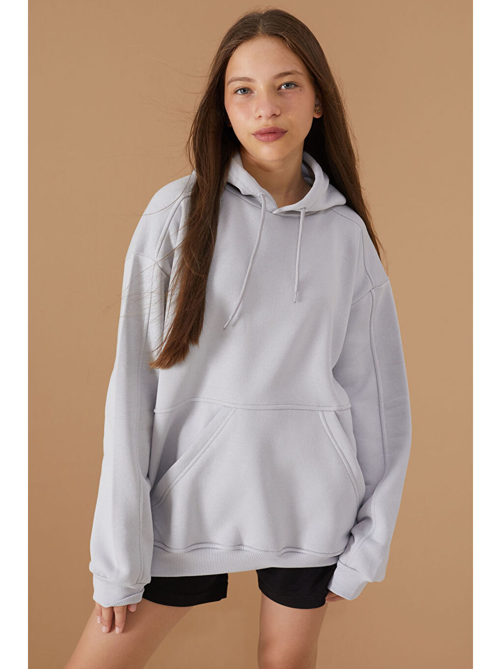 Cansın Mini Gri Kız Çocuk Gri Basic Uzun Kol Şardonlu Kapüşonlu Sweatshirt 19191