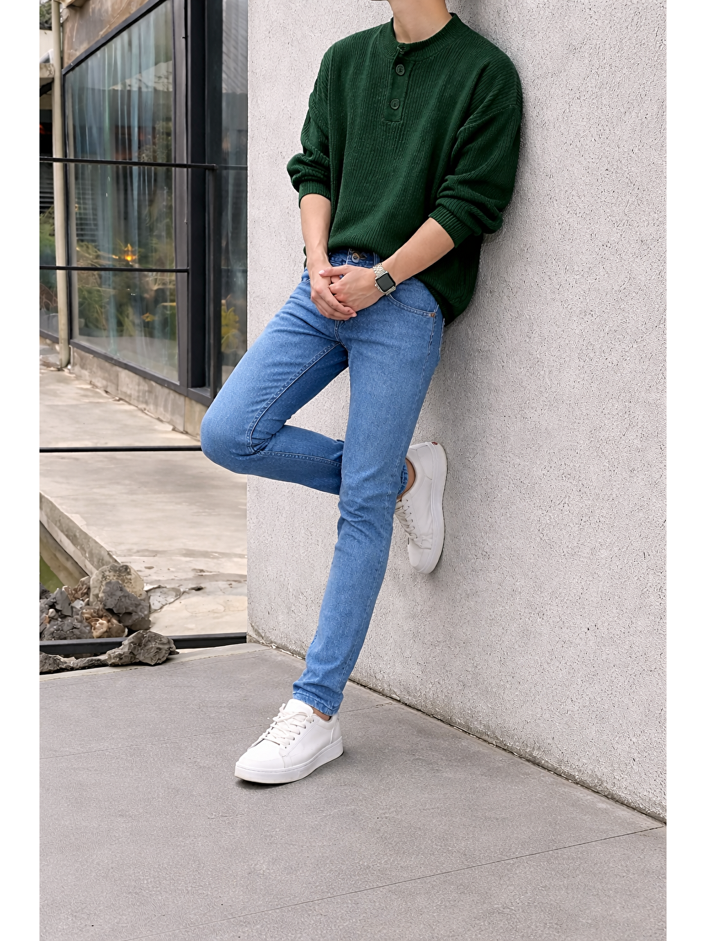 Erkek Yüksek Bel Dar Premium Mavi Jean Pantolon-5