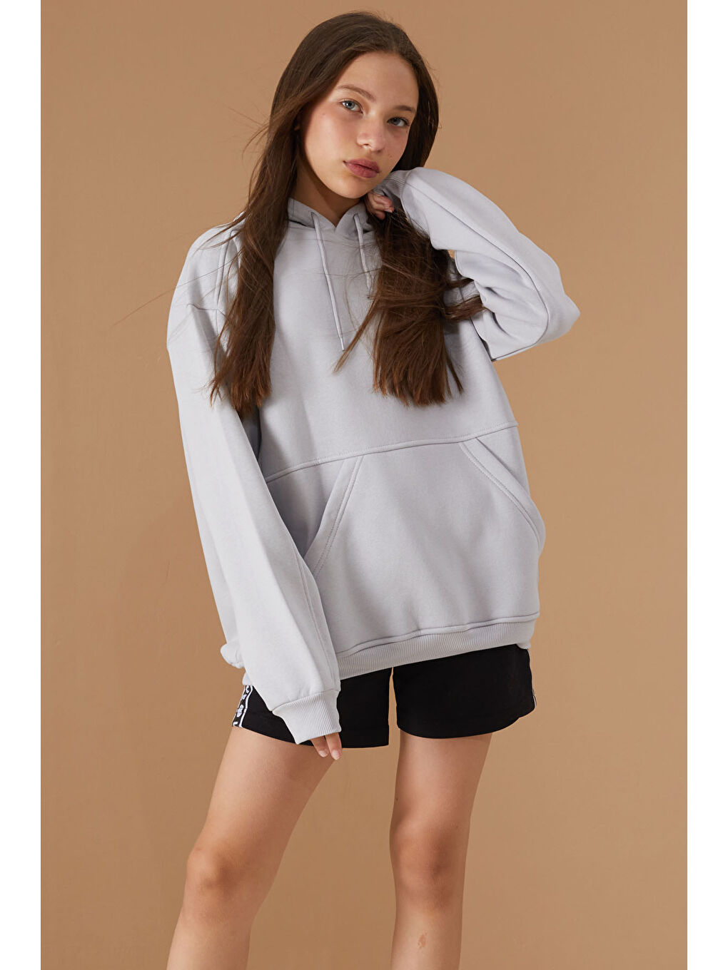 Cansın Mini Gri Kız Çocuk Gri Basic Uzun Kol Şardonlu Kapüşonlu Sweatshirt 19191 - 2