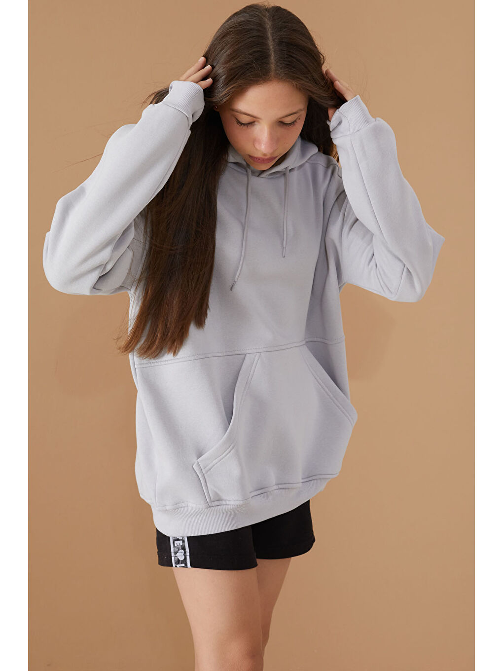 Cansın Mini Gri Kız Çocuk Gri Basic Uzun Kol Şardonlu Kapüşonlu Sweatshirt 19191 - 3