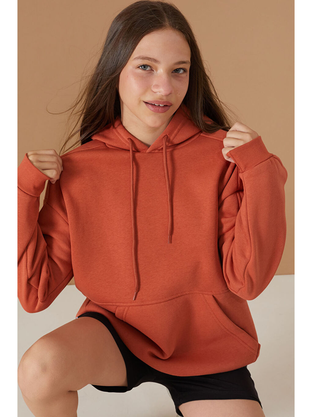 Cansın Mini Krem Kız Çocuk Kiremit Basic Uzun Kol Şardonlu Kapüşonlu Sweatshirt 19190 - 3