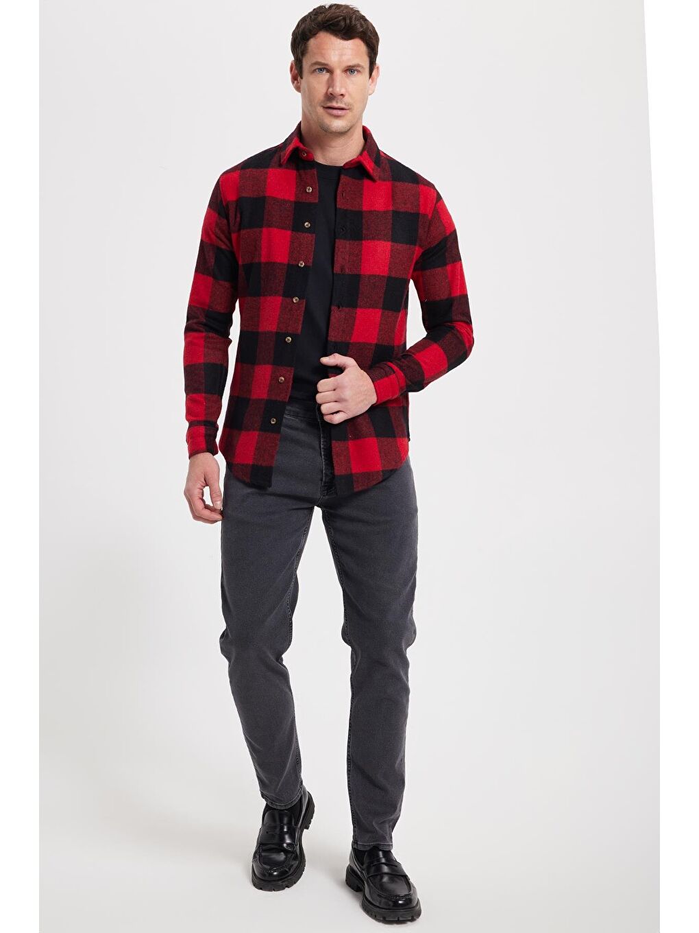 Kırmızı Erkek Slim Fit Dar Kesim Kareli Kışlık Oduncu Gömlek-1
