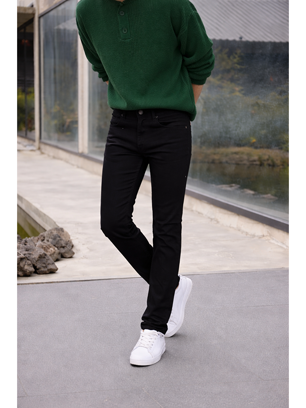 Erkek Yüksek Bel Dar Premium Siyah Jean Pantolon-1