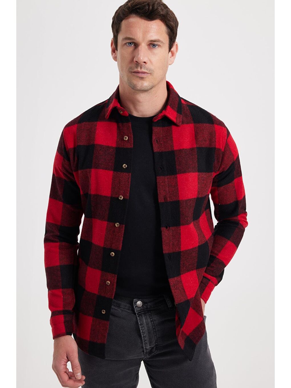 Kırmızı Erkek Slim Fit Dar Kesim Kareli Kışlık Oduncu Gömlek-2