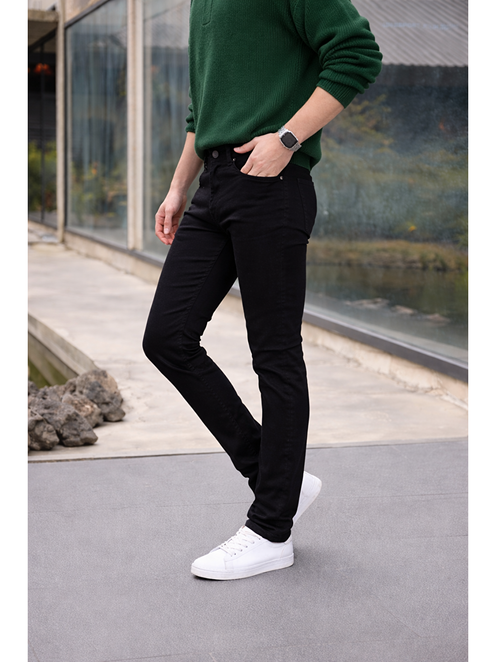 Erkek Yüksek Bel Dar Premium Siyah Jean Pantolon-4