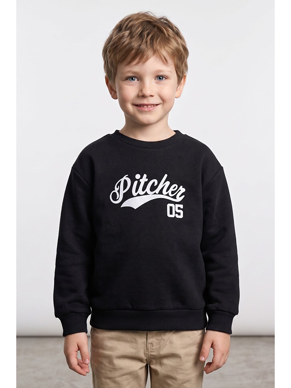 Siyah 3 İ̇plik Pitcher Yazı Baskılı Erkek Çocuk Sweatshirt-1