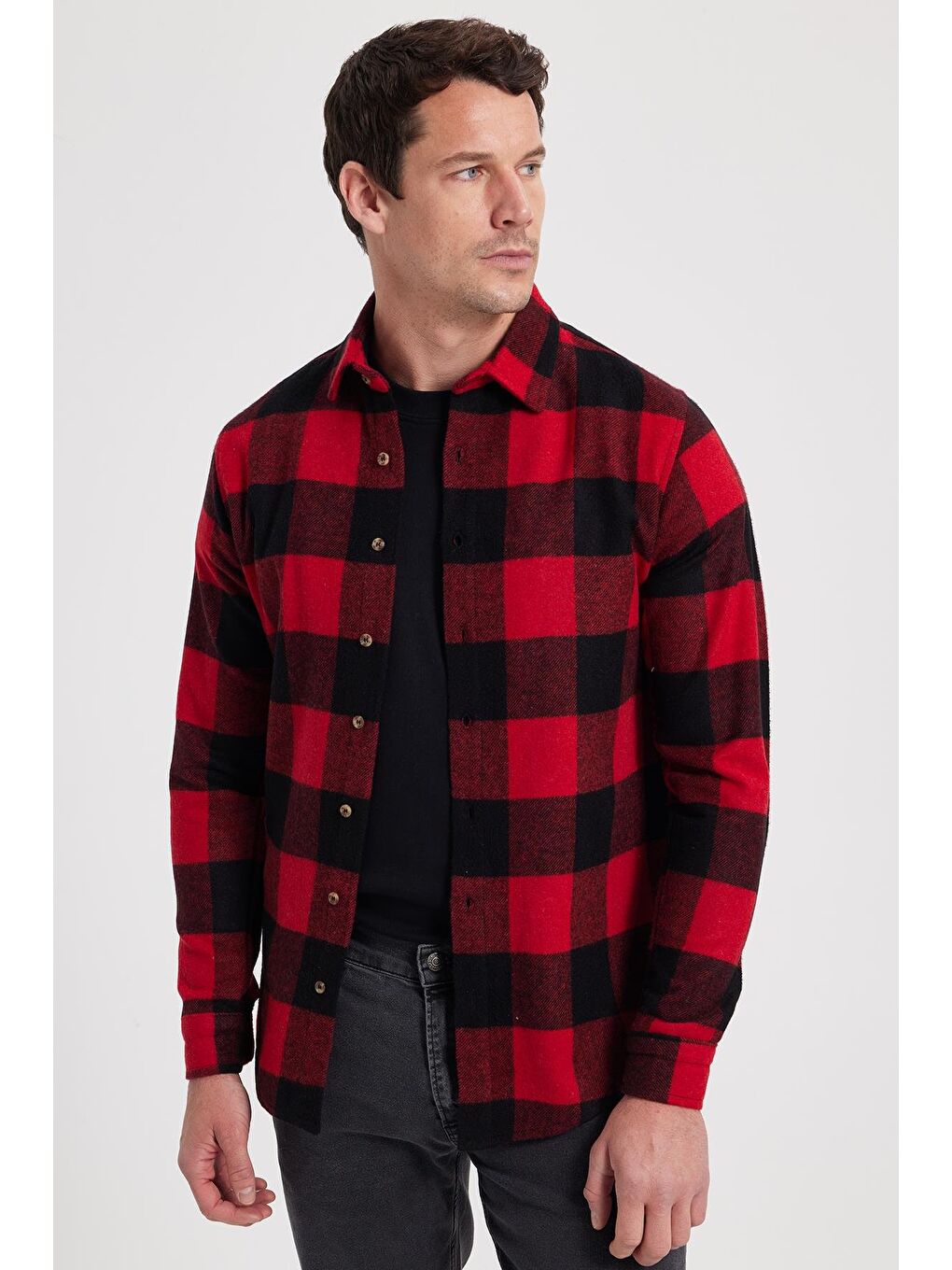 Kırmızı Erkek Slim Fit Dar Kesim Kareli Kışlık Oduncu Gömlek-6